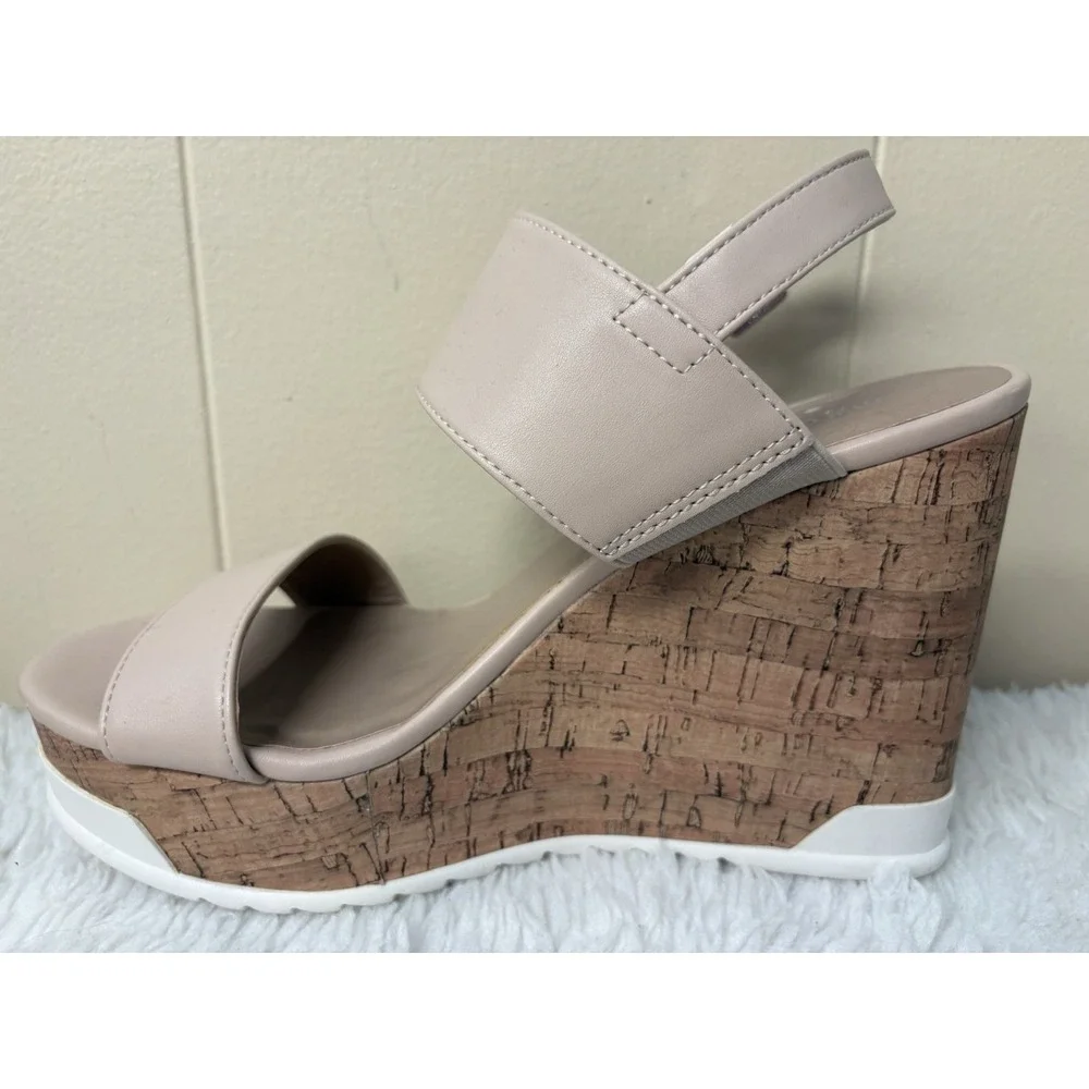 Nude‎ Faux Leather Cork Wedge Platform Sandals Buckle Ankle Strap Beige 8M